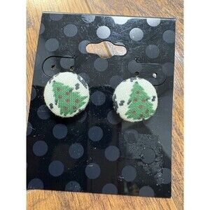 Vintage Christmas Tree Fabric Button Pun Cushion Earrings New